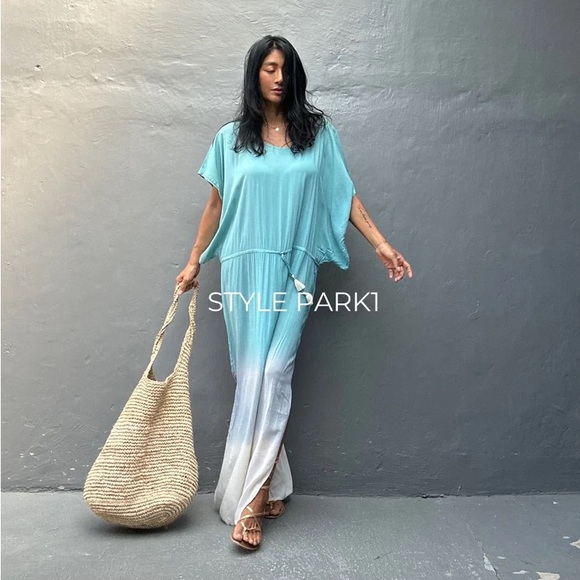 STYLE PARK MAXI KAFTAN DRESS - BNWT - ONE SIZE - BLUE DAISY/CREAM OMBRE - Picture 8 of 11